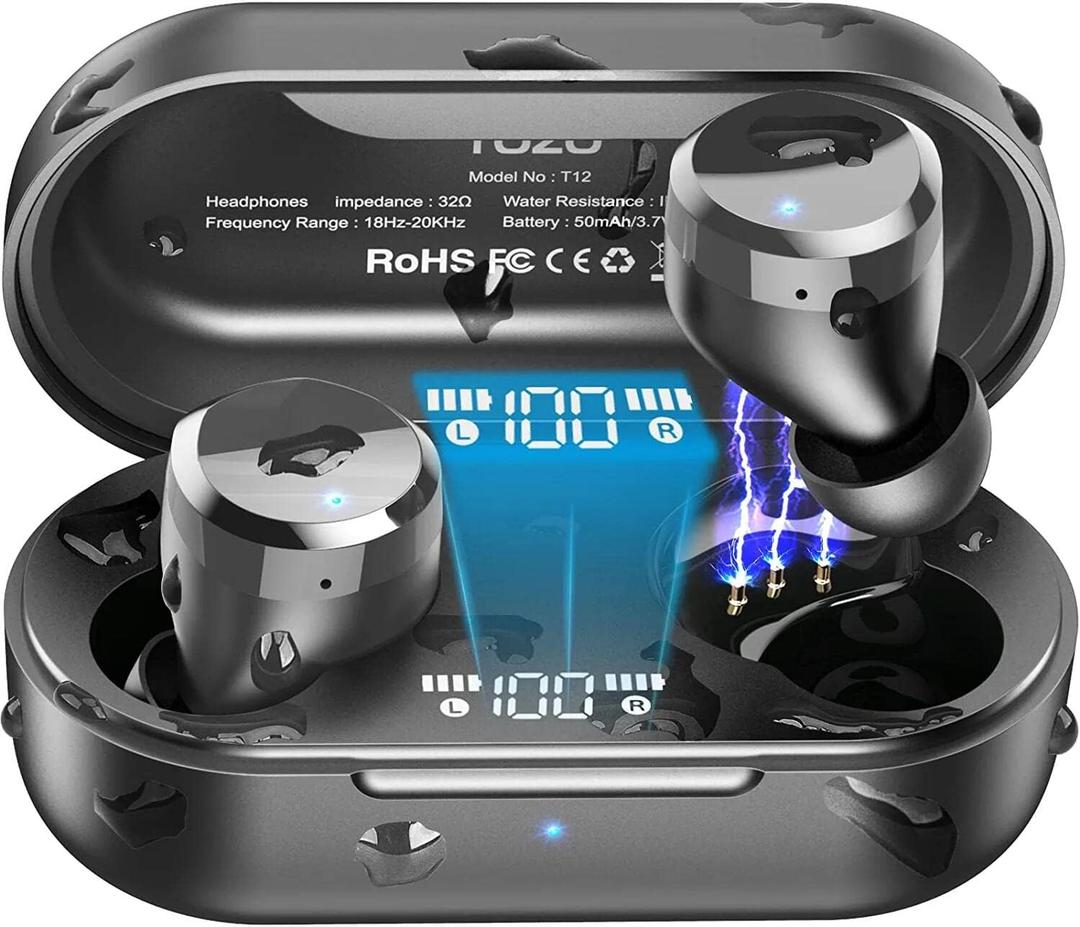 TOZO T12 Wireless Earbuds Bluetooth Headphones Premium Fidelity Sound Quality Wireless Charging Case Digital LED Intelligence Display IPX8 Waterproof Earphones (Dark Black)
