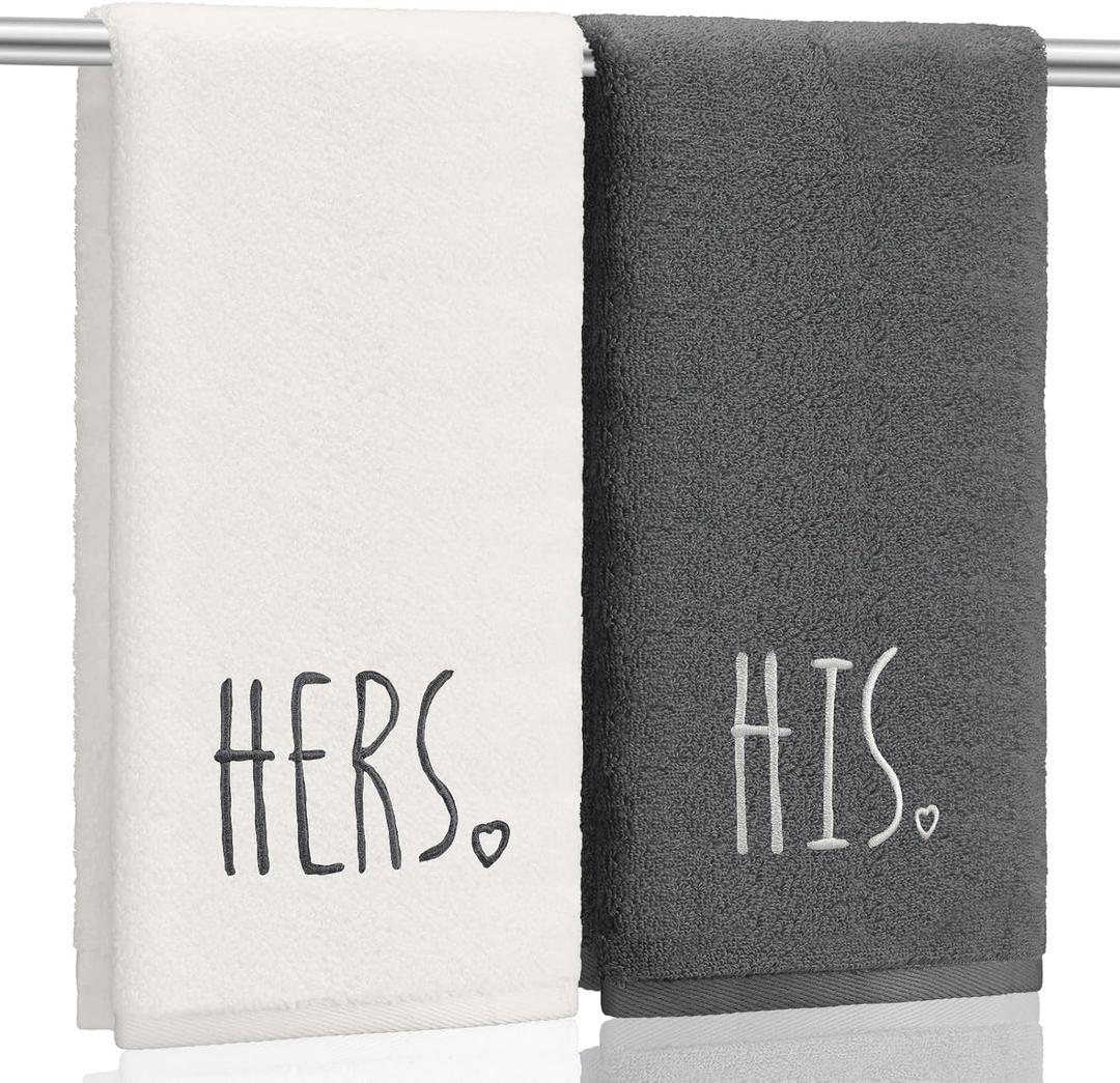 Tingjoo 2 Pcs His and Hers Hand Towels 100% Cotton Embroidered Bathroom Towel Wedding Gift for Valentine's Day Couple, Anniversary Bathroom Decor, 29 x 13 Inch