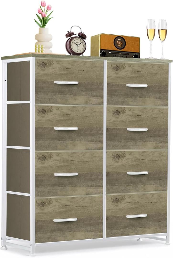8-Drawer Dresser for Bedroom, Anti-Tip Tall Storage Organizer Chest of Drawers with Wooden Top and Metal Frame Fabric Bins for Closet, Living Room, Hallway, Entryway, Greige Oak (11.8"D x 31.4"W x 36.3"H (8 Drawers))