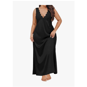 WDIRARA Women's Plus Size Satin Nightgown Double V Neck Lace Backless Long Lingerie Nightdress Size XL Plus
