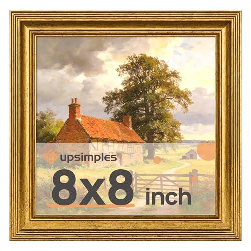 upsimples Vintage 8x8 Picture Frames, Antique Gold Frames Display 4x4 with Mat or 8 x 8 Without for Wall or Tabletop Decor, 1pack
