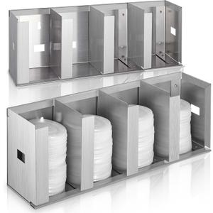 Hicarer 4 Compartments Stainless Steel Cup Dispenser with Adjustable Dividers Silver Cup and Lid Holder Lid Organizer Storage for Cabinet Kitchen Cafe Tea Shop Restaurant, Silver