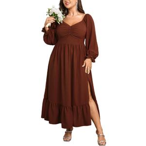 SCOMCHIC Womens Plus Size Wedding Guest Cocktail Dress Sweetheart Neckline Long Sleeve Smocked Ruffle Slit Maxi Dresses (Brown)
