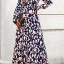 BTFBM Women Fall Dresses 2025 Casual Long Sleeve V Neck Maxi Dresses Floral Boho Long Dress Wedding Guest Dress (S)