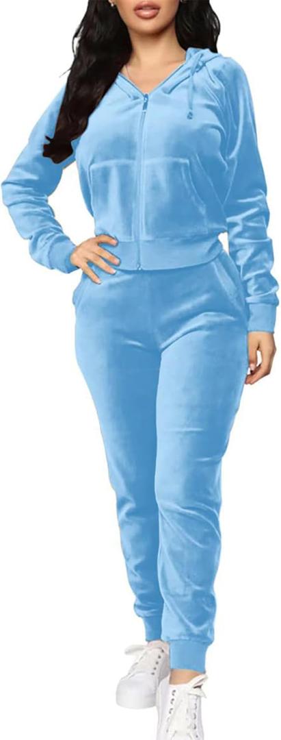 BOGURST Velour Tracksuit Set Womens Sweatshirt Full Zip Hoodie Sweatsuit and Casual Jogger with Pockets (Large, Ah Lightblue)