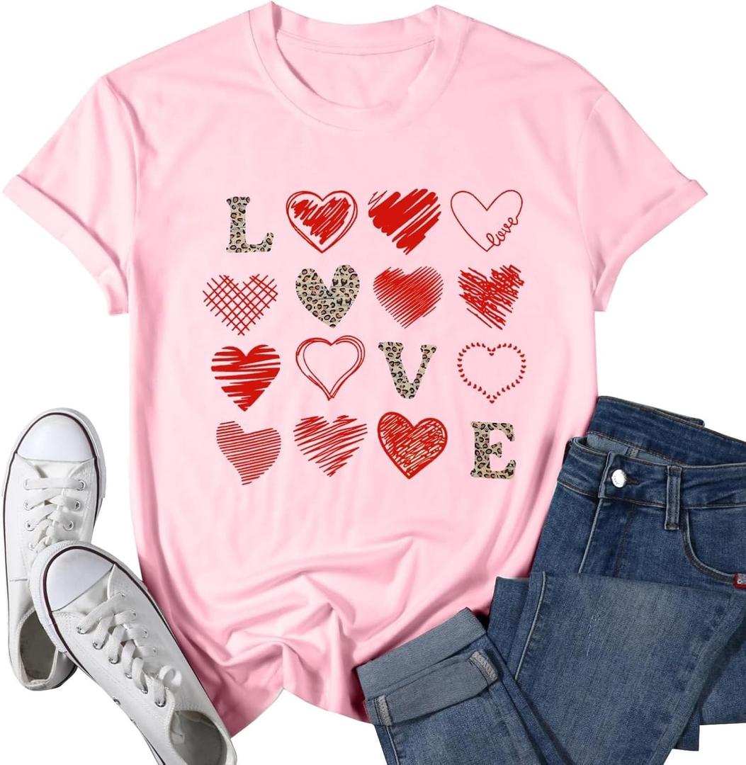 Valentine Day Shirt Women Leopard Love Heart Print T-Shirt Teachers Valentines Short Sleeve Tee Tops (Pink, S)