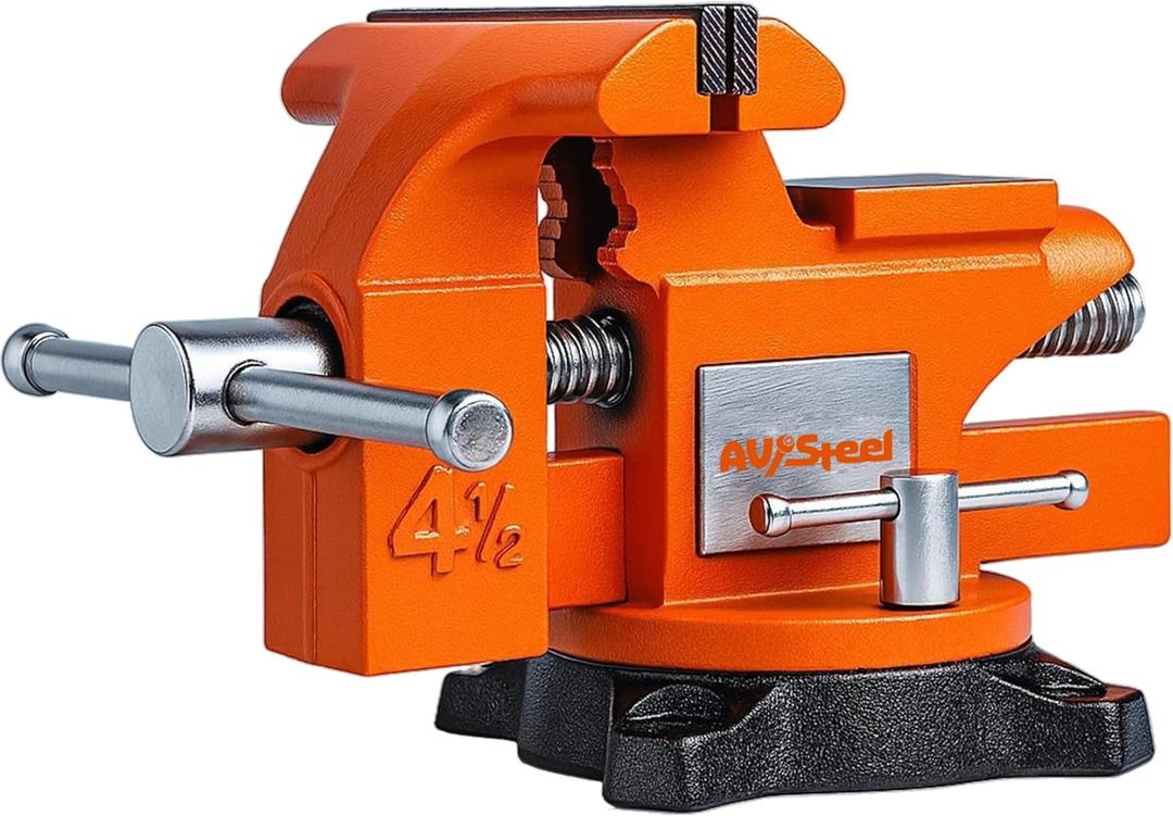 AV Steel 4-1/2" Bench Vise with 240 Flexible Swivel Locking Base and Anvil, High-Strength Multi-Purpose Workbench Vise Heavy-Duty, Cast Iron Workbench for Woodworking, Drilling, Pipe Cutting