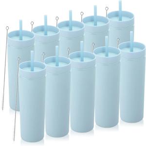 Volhoply 20oz Plastic Skinny Tumblers Bulk 10 Pack,Double Wall Tumbler with Lid and Straw,BPA Free Matte Acrylic Iced Coffee Cups With Straw,Reusable Travel Cute Mug for Party,DIY Gift(Blue, 10 Set)