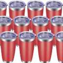 20oz Tumbler with Lid and Straw Stainless Steel Tumbler Cup Bulk Vacuum Insulated Double Wall Travel Coffee Mug Powder Coated Coffee Cup, Red, 12 Pack