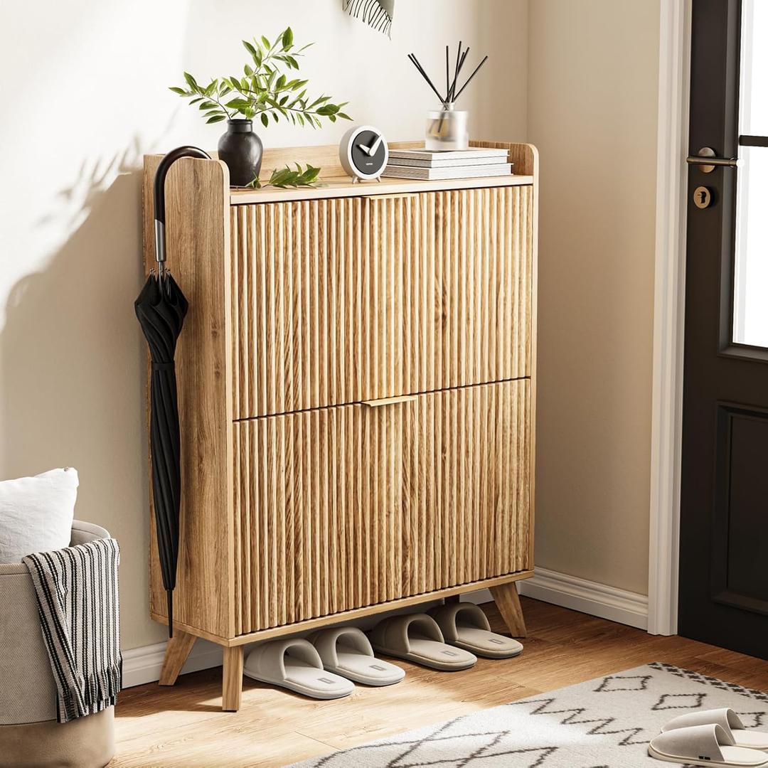 Fluted Shoe Cabinet Storage with 2 Flip Drawers, Wood Narrow Hidden Shoe Cabinet with Adjustable Shelf for Entryway, Freestanding Slim Shoe Rack Organizer for Foyer Hallway Living Room, 2drawers
