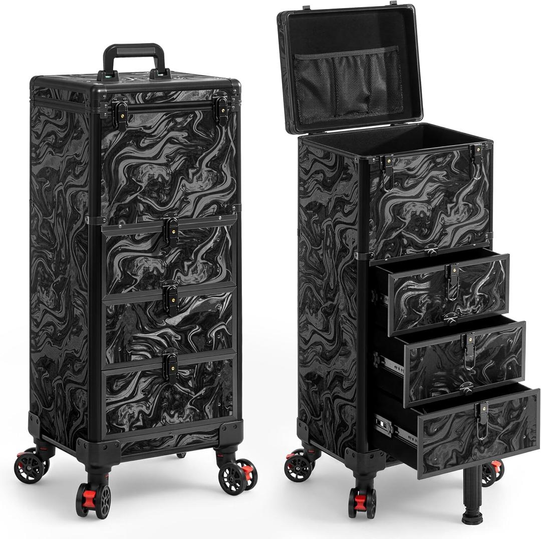 Rolling Makeup Train Case with 3 Drawers, Nail Trolley Cart Salon Station Cosmetology Case on Wheels Organizer Cases for Nail Tech,SPA,Face Painting,Hairstylist,Makeup Artist (Ink Black)