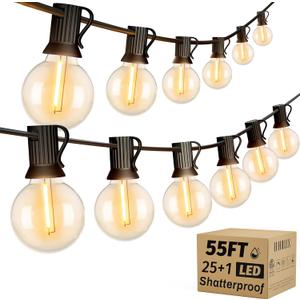 OHLUX Outdoor String Lights, 55FT Shatterproof LED Patio Lights with 26 Dimmable Plastic G40 Bulbs, 2200K Waterproof Connectable Hanging String for Backyard, Cafe, Porch, Deck, E12 Base (Plug in-55FT)