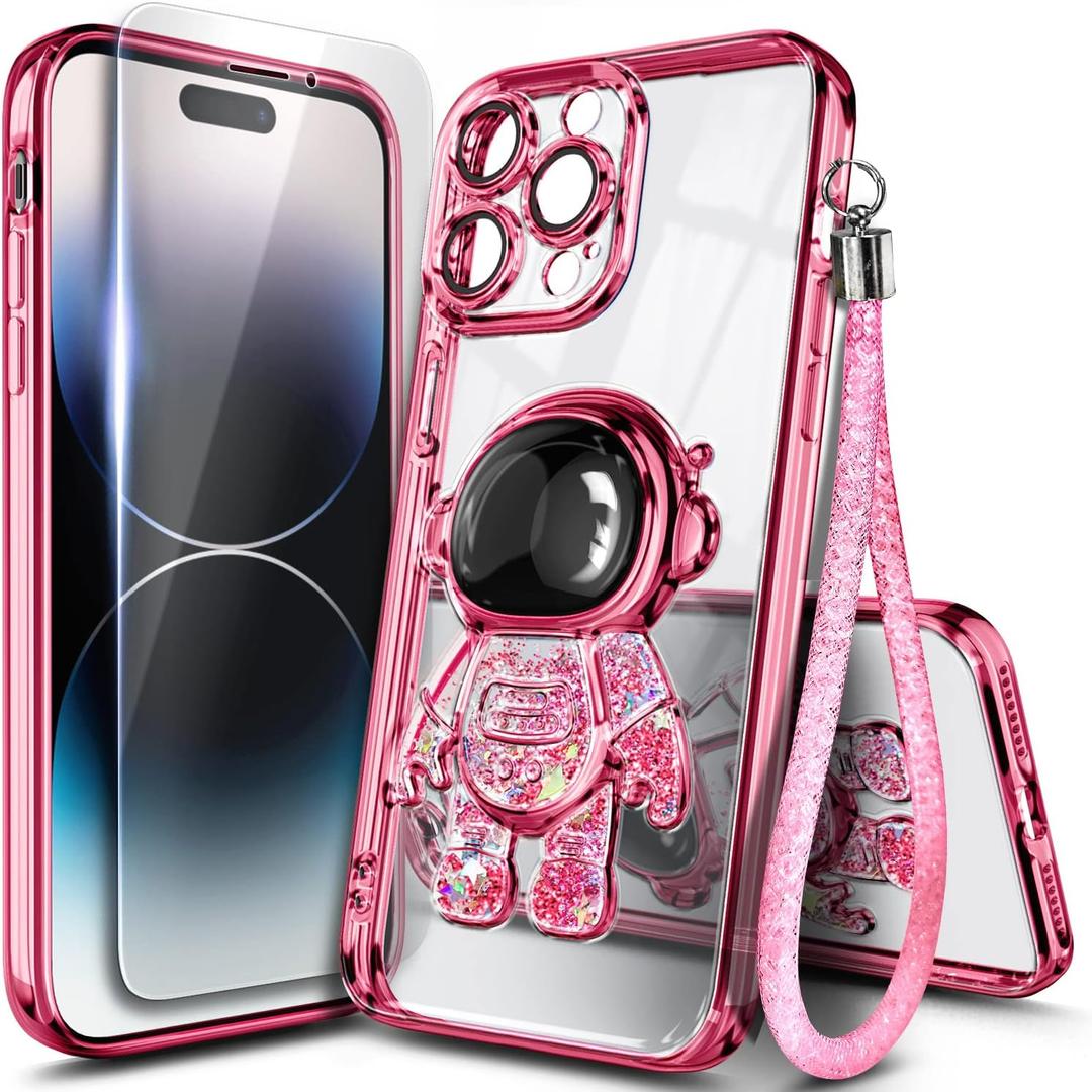 NGB Supremacy Compatible with iPhone 13 Pro Max Case (6.7 inch) with Tempered Glass Screen Protector/Wrist Strap, Liquid Floating Glitter Girls Women Kids Cute Case (Astronaut Rose Gold)