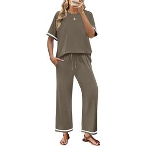 Sampeel 2 Piece Sets for Women Casual Summer Travel Vacation Outfits Short Sleeve Lounge Set, Small