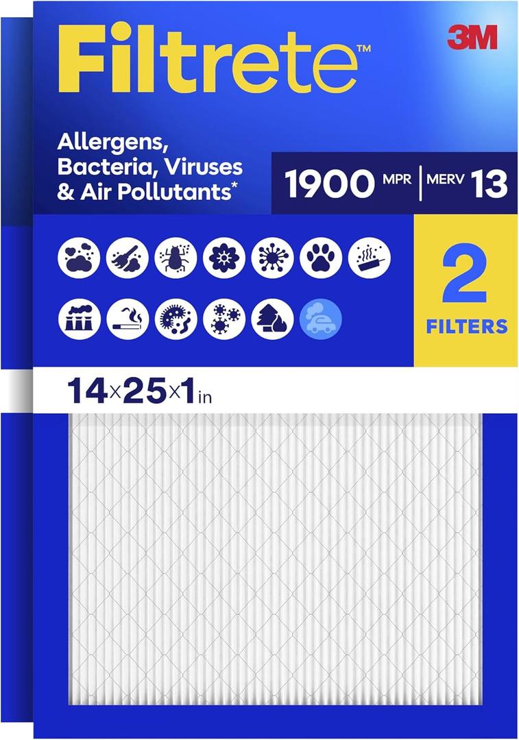 Filtrete 14x25x1 Air Filter, MERV 13 MPR 1900, Allergens, Bacteria, Viruses & Air Pollutants, 3-Month AC/Furnace Filters, Cleaner Air Reliable Airflow, 2 HVAC Filters(Act Size 13.62x24.62x0.78 in)