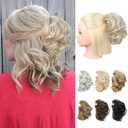 REECHO Ponytail Extension, 7" Half Up Short Mini Claw Clip in Ponytail Hair Extensions Curly Wavy Ponytail Messy Hair Bun Hair Pieces for Women with Short Thin Hair - Ash Blonde with Highlights