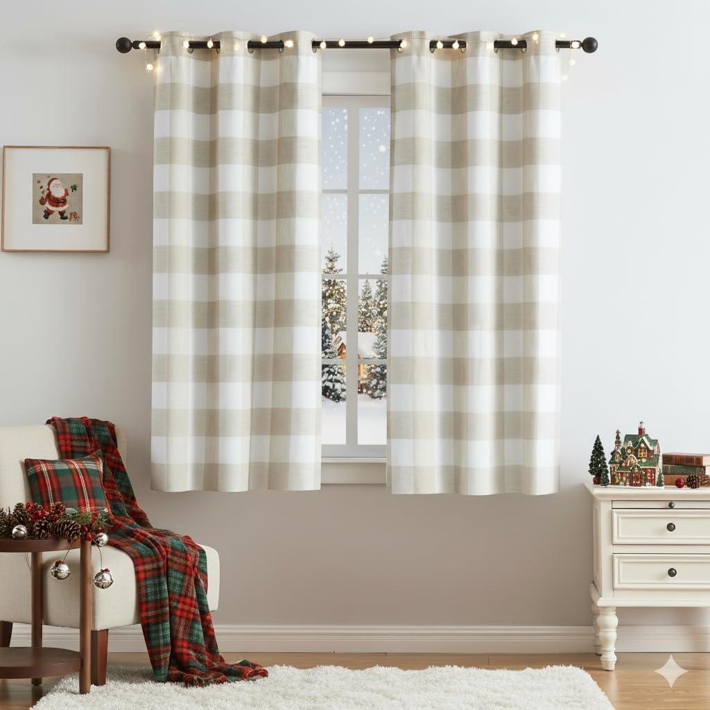 Short Tan White Buffalo Plaid Full Blackout Window Curtains Checkered Vintage Linen Textured Grommet Panels Thermal Insulated Drapes Farmhouse Bedroom Window Treatment,Living Room,40"x63"x2