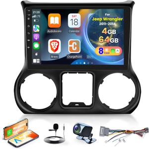 [8 Core 4G+64G] Car Radio for Jeep Wrangler 2011 2012 2013 2014-10.1 inch Android Touch Screen Car Play Stereo, DSP 32 EQ Audio/IPS Screen/Carplay/Android Auto/SWC/BT 5.0/WiFi