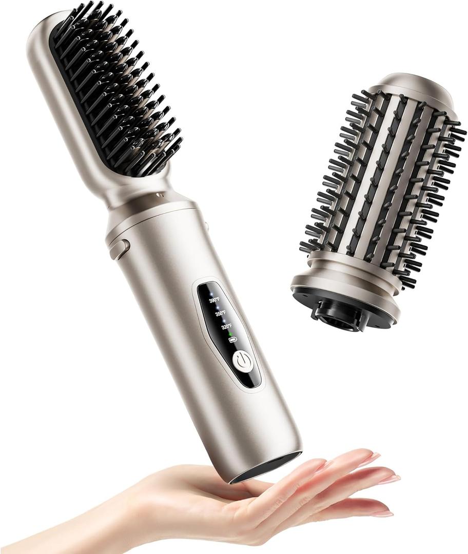 Cordless Hair Straightener Brush, 2 in 1 Curling & Straightening Brush with 200 Million Negative Ions, Mini Travel Hot Straightener Comb for Women, Fast Heating & Dual Voltage