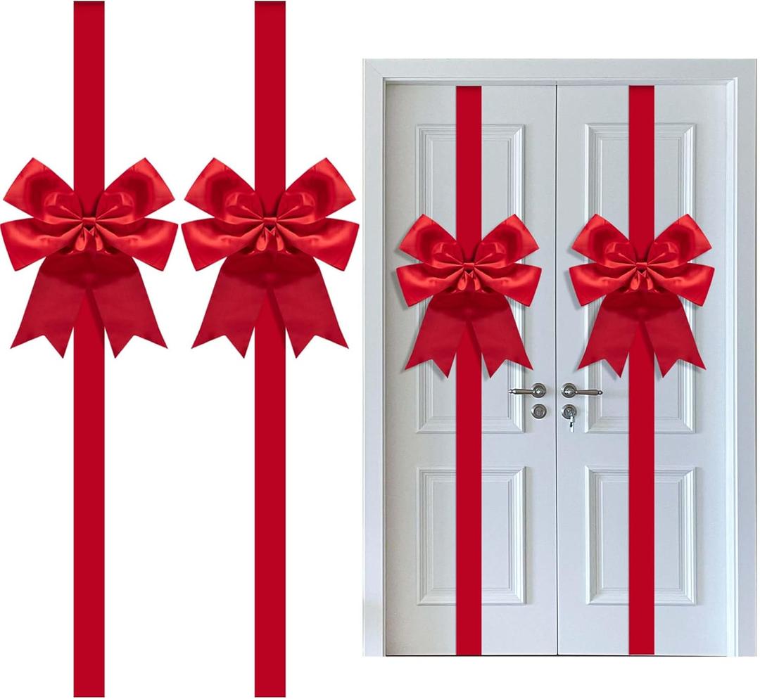 Iceyyyy 2 Pcs 14.2Ft Extra Large Christmas Front Door Warpping Bow, Adjustable Red Christmas Doors Ribbon Bow with Buckle, Giant Christmas Door Wreath Bows for Cabinet Door Home Festival Decor