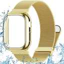 Vigamen Waterproof Metal Magnetic Bands with Case Compatible for Apple Watch Band 42mm, Breathable Stainless Steel Milanese Loop Women Men Replacement Strap for iWatch Series 10 11, Gold