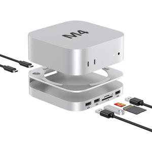 Akyyajaure Mac mini Hub: 9 in 1 Aluminum Stand & Dock for Mac mini M4 Pro with M.2 NVMe SSD Enclosure, 10Gbps USB-A*2, SD/TF Card Readers, USB 2.0