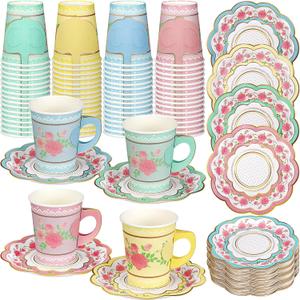 FillTouch 100 Sets Floral Paper Tea Cups and Saucers Disposable Paper Tea Party Supplies 9 oz Cups with Handle and Saucer for Birthday Wedding Party Decorations (Classic Style)