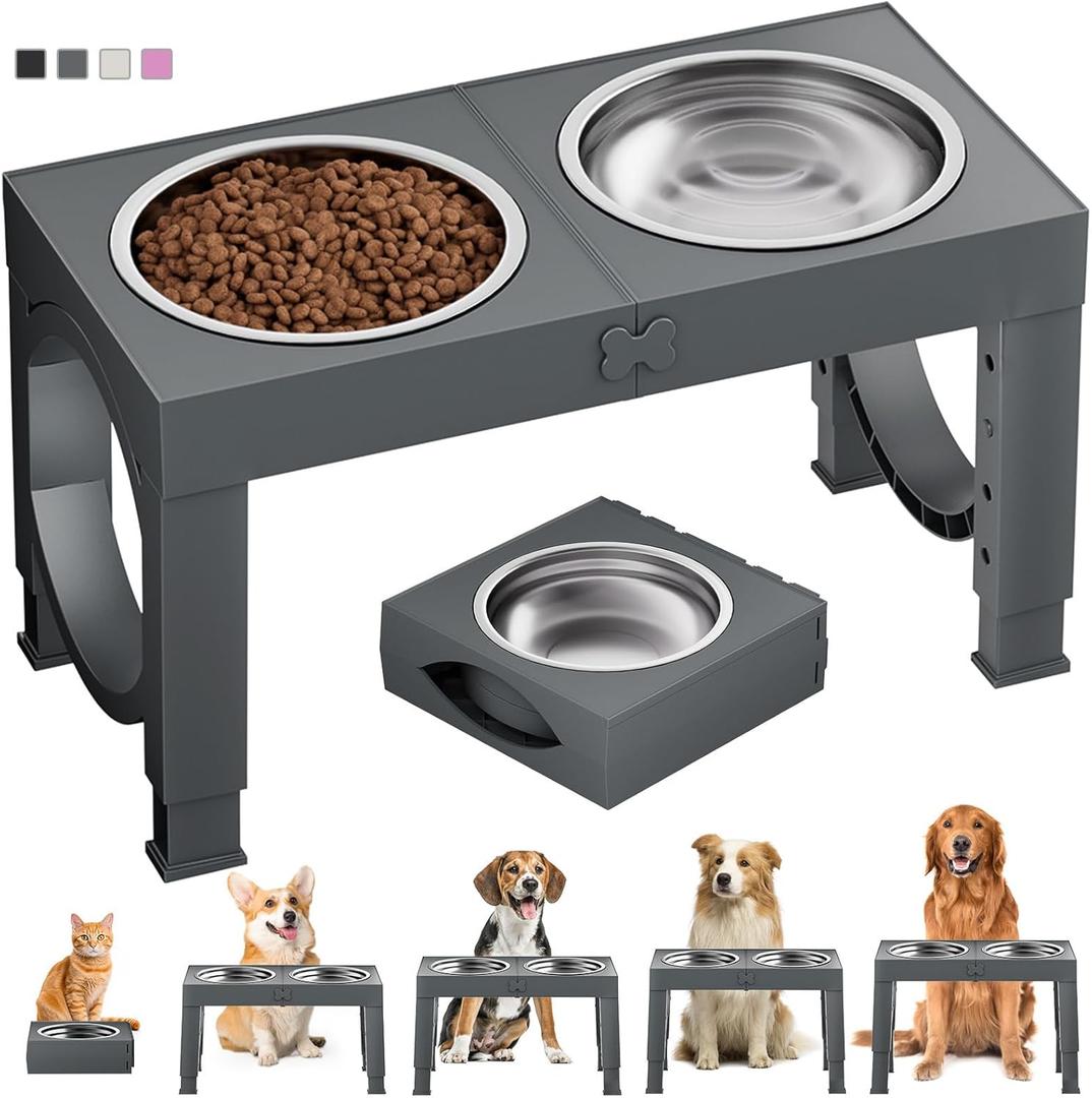XIAZ Elevated Dog Bowls Large Breed Raised Dogs Bowl Stand Large/Medium Sized Dog 1L Food Water Bowl Stands 5 Heights Adjustable 9/11/12/14in Grey Pet Feeder Dish Station