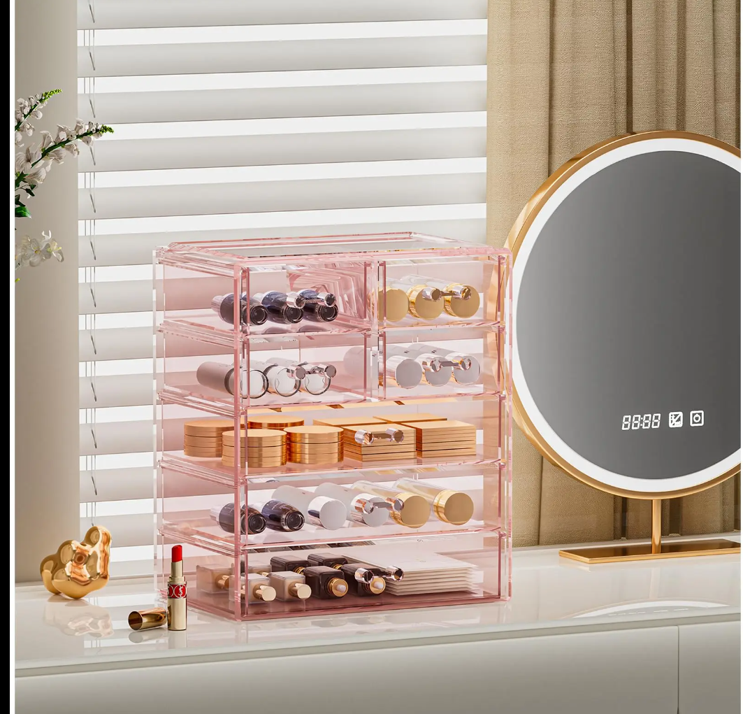 COMVTUPY Acrylic Clear Large Makeup Organizer - Jewelry Holder Organizer, Perfect Make Up Organizers and Storage for Vanity, Bathroom (3 Large, 4 Small Drawers - Purple)