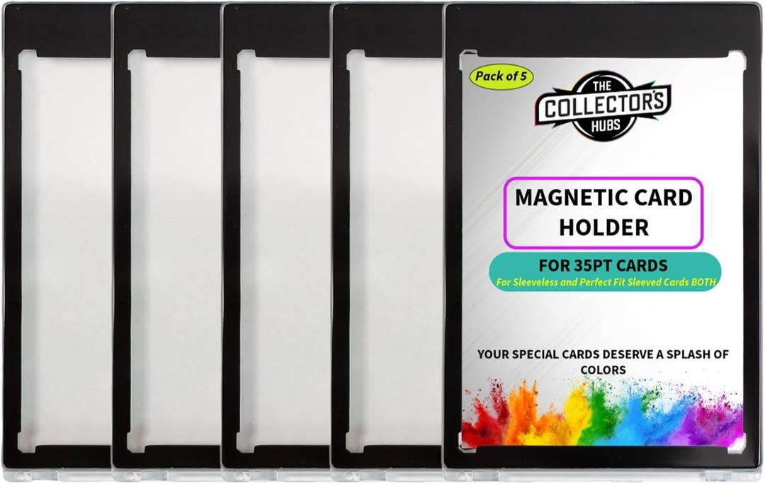 5CT Magnetic Card Holders - 35pt One Touch Card Holder | U-V Protection Hard Plastic Case for Trading Cards | Baseball Card Holders - Glossy, HD Clear, Diamond Egde Gold Magnet - JET BLACK