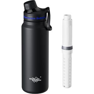 Membrane Solutions C3 Filtered Water Bottle, 32oz Stainless Steel Water Bottle with Replaceable Filter Cartridge, Portable Water Filter, Travel, Hiking & Camping for Drinking Water(Black)