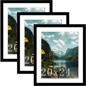 Picrit 20x24 Picture Frame 3 Pack, Black Poster Frame, Display Poster 16 x 20 with Mat or 20 x 24 without Mat for Horizontal or Vertical Wall Mounting