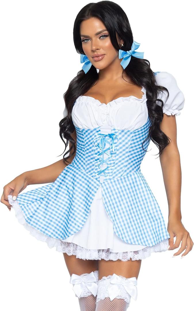 Leg Avenue Womens Gingham Dress Halloween Costume with lace up front and attached apron (Blue, XXXL)