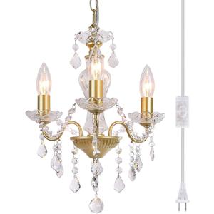 Plug in Modern 3-Light Gold Chandelier with Glass Crystals, Candle Style Pendant Light Fixtures for Living Room, Girls Room, Kitchen Island, Entryway