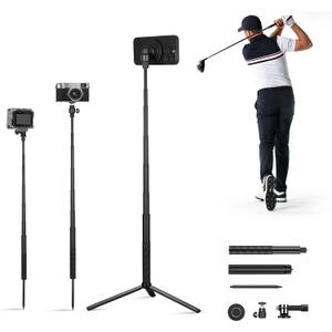 Monopod and Tripod Selfie Stick to Record Golf Swing Training Aid with Ground Spike Stake & Gopro Adapter & 1/4" Screw, Magnetic Golf Phone Holder Compatible with Magsafe iPhone