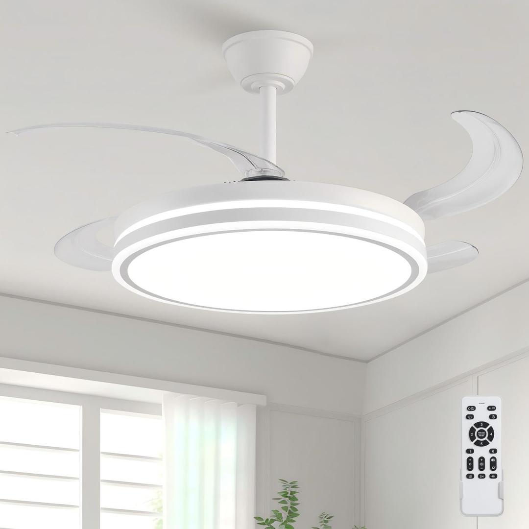 Retractable Ceiling Fans with Lights and Remote, 42 Inch White Chandelier LED Fan, 20W Energy Saving,Memory Function,Timer Setting,Ultra Quiet Invisible Blades Fan for Kitchen, Bedroom, Large