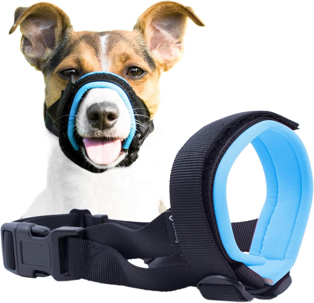 Gentle Muzzle Guard for Dogs - Prevents Biting and Unwanted Chewing Safely Secure Comfort Fit - Soft Neoprene Padding  No More Chafing  Training Guide Helps Build Bonds with Pet (S+, Blue)