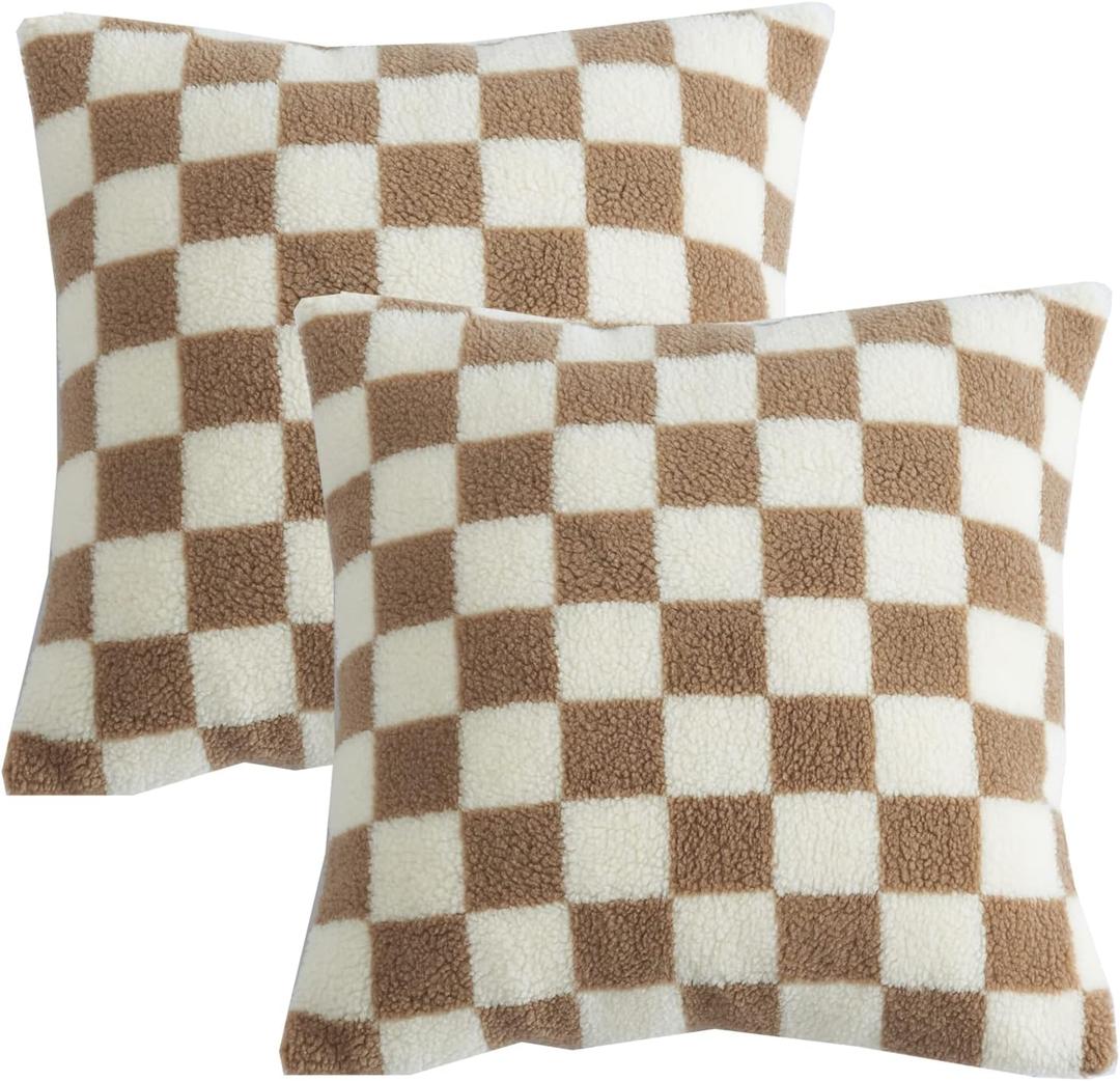 Brown Decorative Pillow Covers 20x20 inch Set of 2 Checkerboard Faux Fur Pillow Cases Soft Sherpa Cushion Cases for Couch Sofa Bed
