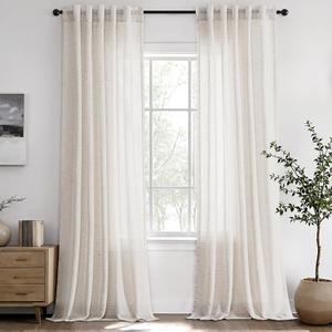 ANRODUO Natural White Semi Sheer Linen Curtains 90 inch Length 2 Panel Set Back Tab Pocket Cotton Textured Gauze Curtains Modern Farmhouse Neutral Rustic Coastal Living Dining Room Decor 37x90