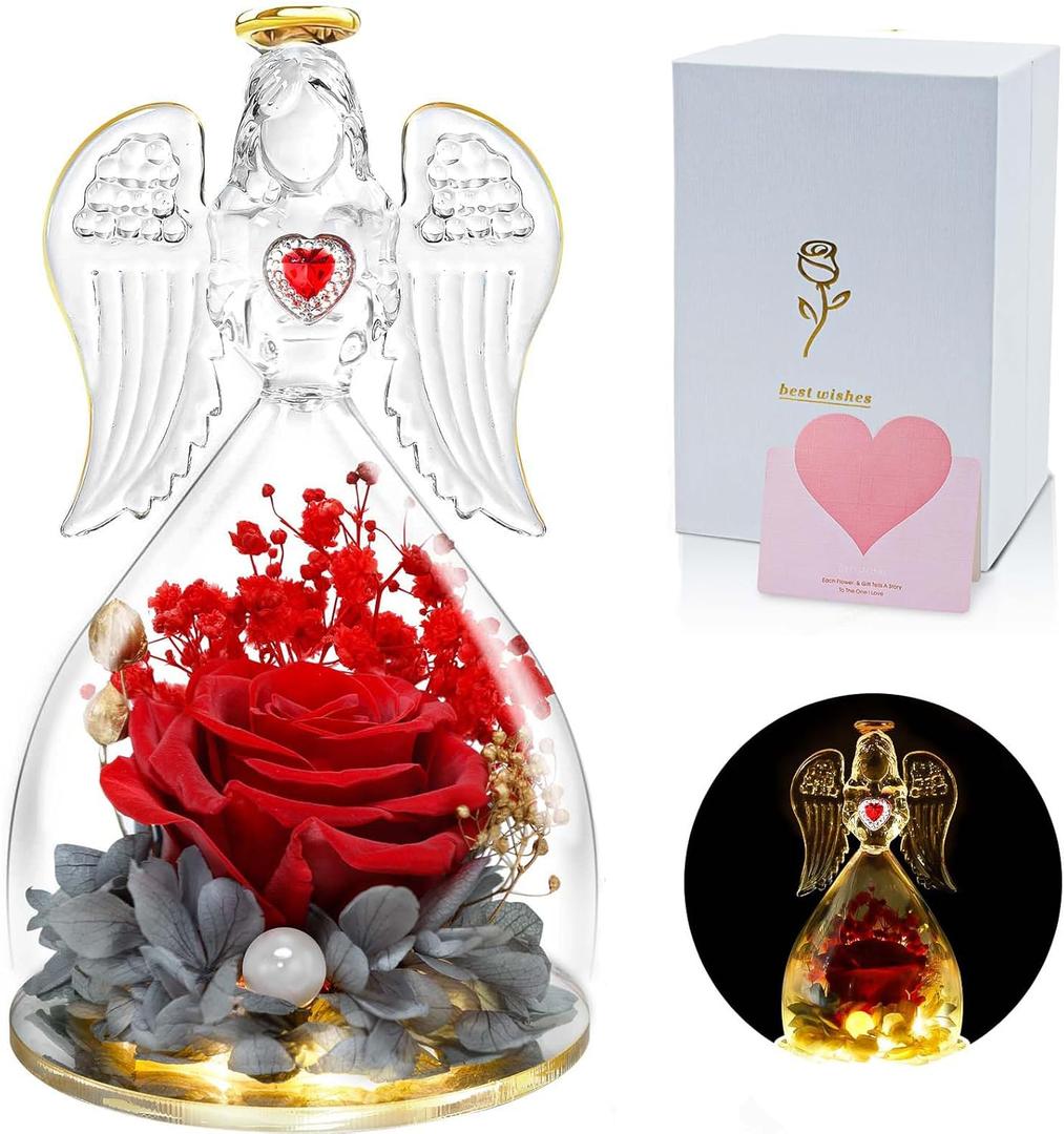 Glass Angel With Real Preserved Rose Inside - Birthday Gift for Mom, Women, Grandma, Wife - Red Forever Flower From Daughter Son