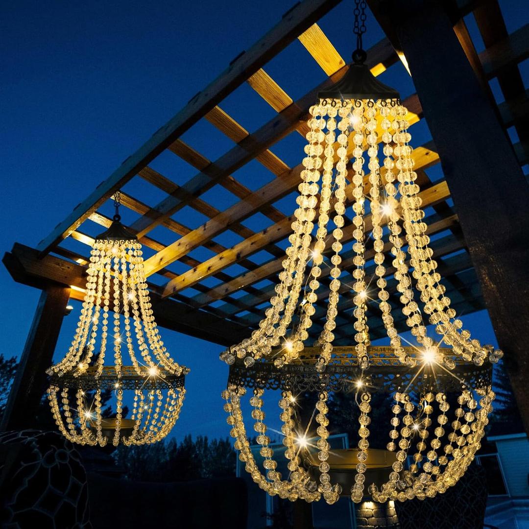 Hanging Solar Lantern Outdoor, 28 Modern Clear Crystal Acrylic Chandelier with 30 Warm White Lights S Hook for Garden, Yard, Patio, Gazebo Decorations
