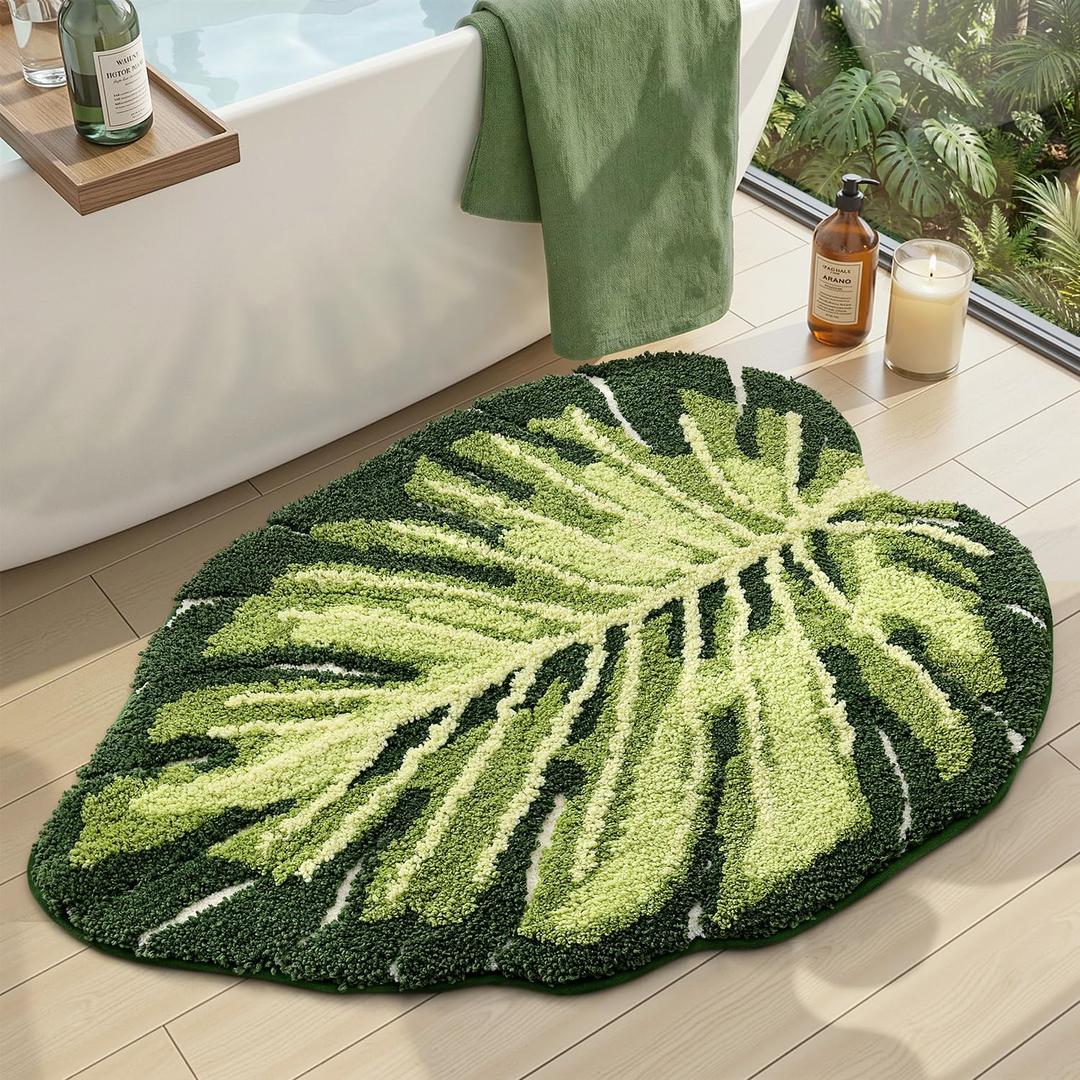 DEXI Leaf Bathroom Rugs Monstera, 23.5x31.5 Soft Fluffy Cute Bath Mat with Non Slip Backing, Washable Absorbent Bath Rug Quick Dry for Shower Floor, Toilet, Bedroom, Kids Room, Green