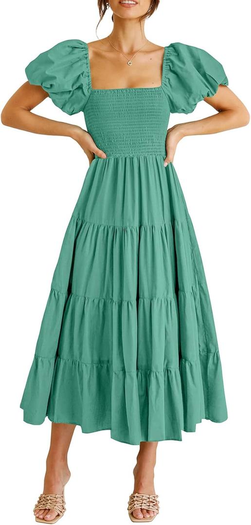 PRETTYGARDEN Women's Casual Summer Midi Dress Puffy Short Sleeve Square Neck Smocked Tiered Ruffle Dresses (Large, Green)