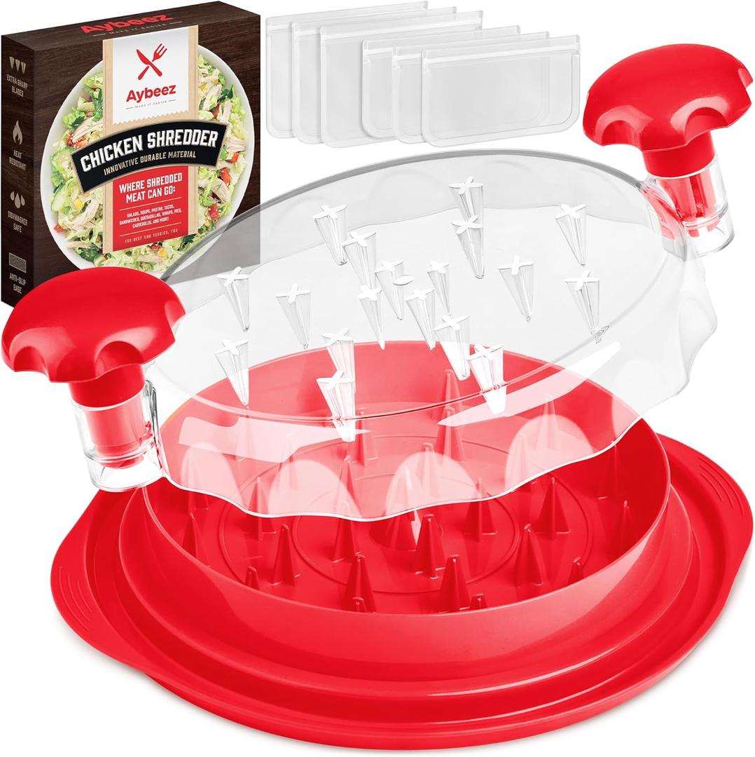 Red Chicken Shredder + 6 Freezer Bags | 20 oz | Hardened, Anti-Slip Chicken Shredder Tool Twist with See-Through Lid | Safer-than-Knives Meat Shredder Tool Twist | Dishwashable | Chicken Puller