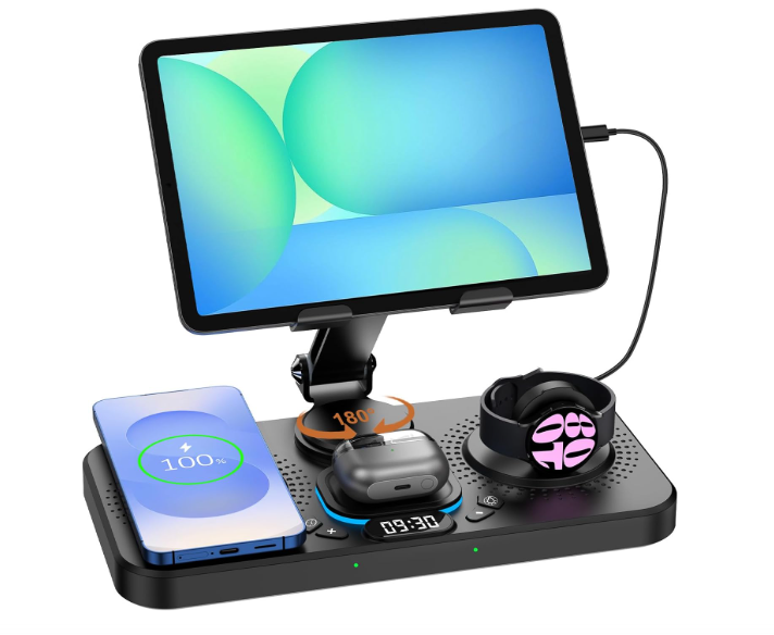 30W Magnetic Wireless Charger for Samsung Foldable Android Mag-Safe Charging Station for Galaxy Tab with Clock &7 Color Light, Watch Charger for S25 Ultra, for Samsung Watch8, Galaxy Buds3 Pro(White