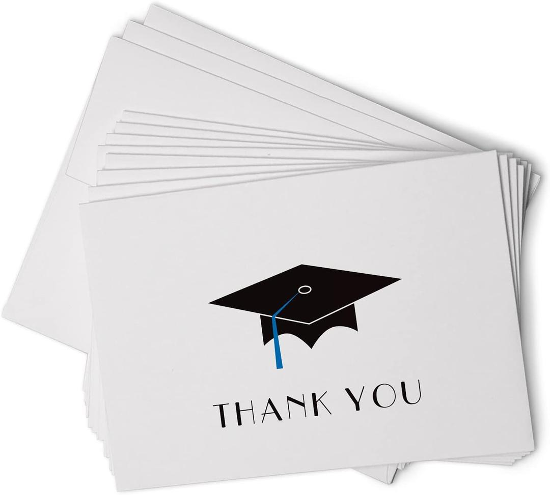 Graduation Cap with Colored Tassel Thank You Cards - 24 Cards & Envelopes (Blue)