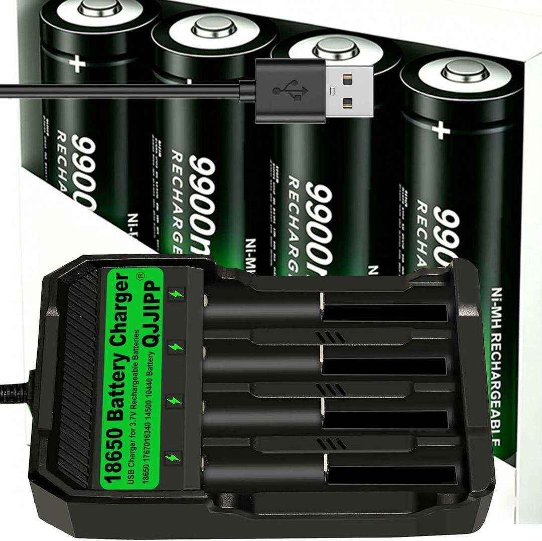 4pcs 18650 NiMH Rechargeable Battery,Universal 3.7V Li-ion Batteries Charger for 18650 26650 18500 14500(Button Top)