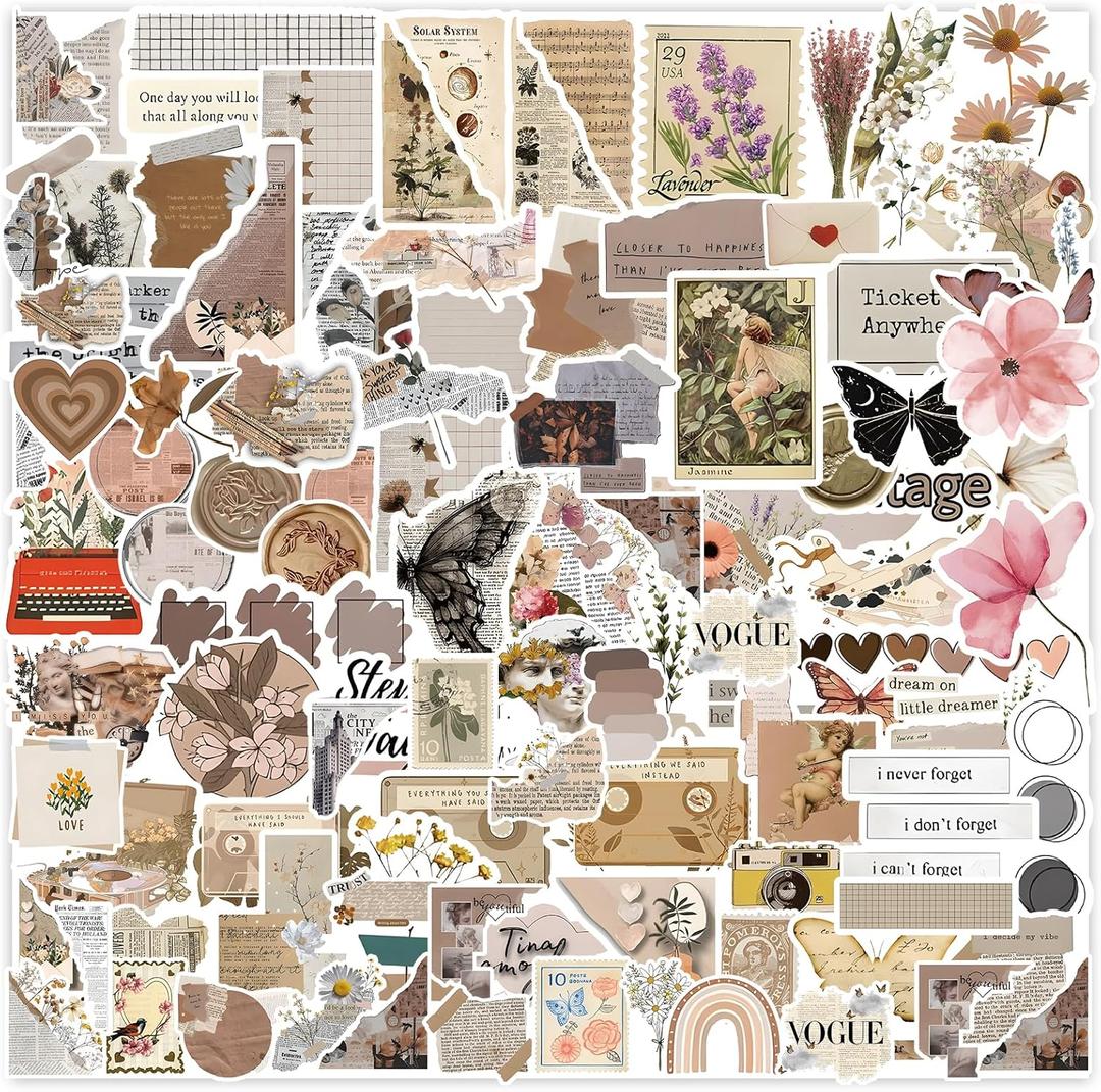 120Pcs Vintage Stickers, Waterproof Scrapbook Aesthetic Sticker for Daily Planner, Water Bottles, Handbook Junk Diary Stickers, Adults Scrapbooking Journaling Supplies DIY Paper Crafts