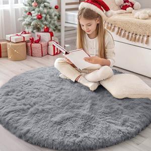 OLANLY Light Grey Round Rugs for Bedroom - Machine Washable, 4 ft Circle Area Rugs for Living Room, Soft and Fluffy Shaggy Carpet for Teen Girls and Boys, Nursery Rooms, Dorms, Home Decor Aesthetic