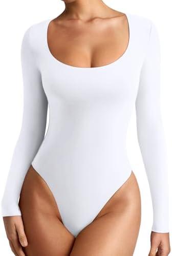 REORIA Women's Sexy Basic Scoop Neck Long Sleeve Double Lined Layering Slim Bodysuit Tops Size XL